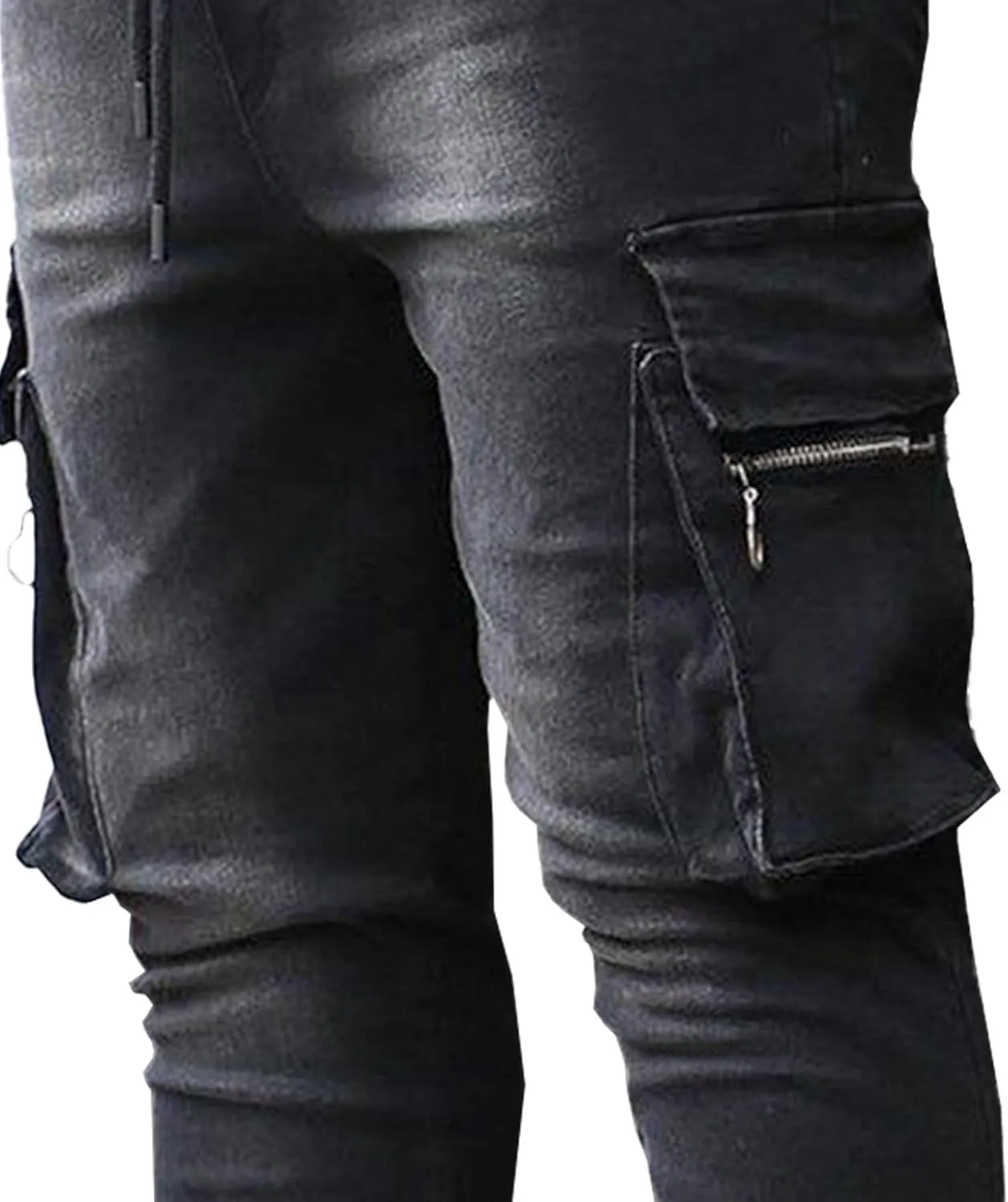 Men's Multi-Pocket Tapered Biker Jeans Distressed Slim Fit Denim Pants Hardwearing Comfor Cowboy Trousers
