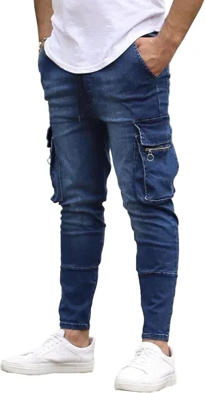 Men's Multi-Pocket Tapered Biker Jeans Distressed Slim Fit Denim Pants Hardwearing Comfor Cowboy Trousers