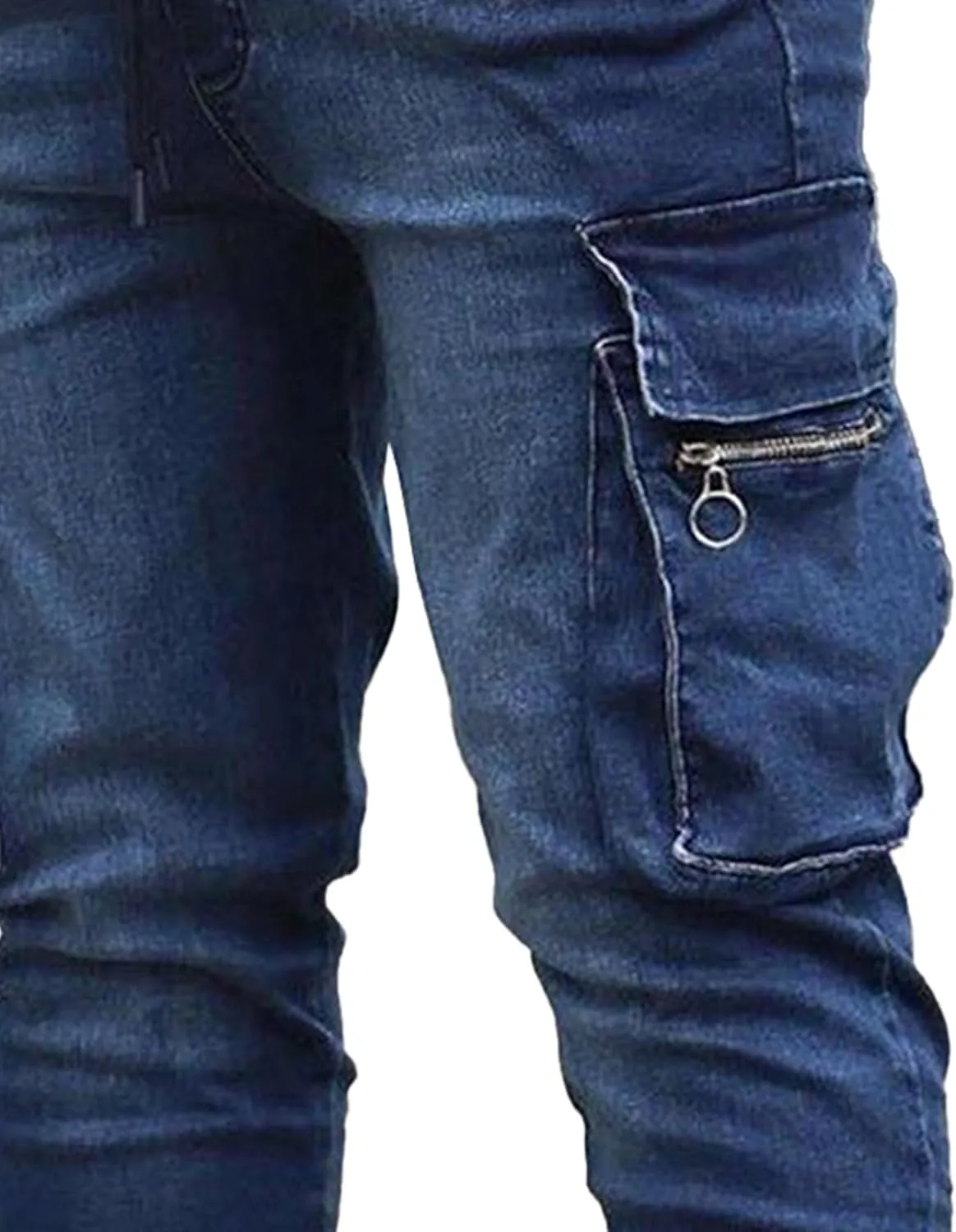 Men's Multi-Pocket Tapered Biker Jeans Distressed Slim Fit Denim Pants Hardwearing Comfor Cowboy Trousers