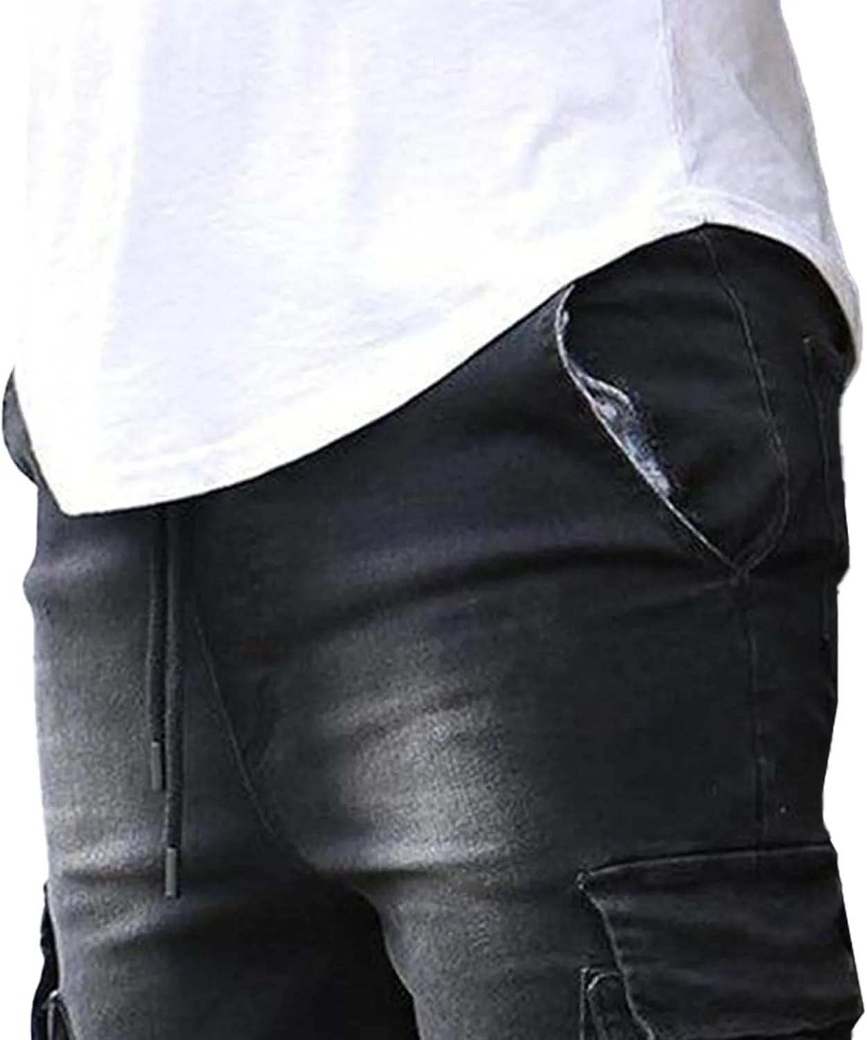 Men's Multi-Pocket Tapered Biker Jeans Distressed Slim Fit Denim Pants Hardwearing Comfor Cowboy Trousers