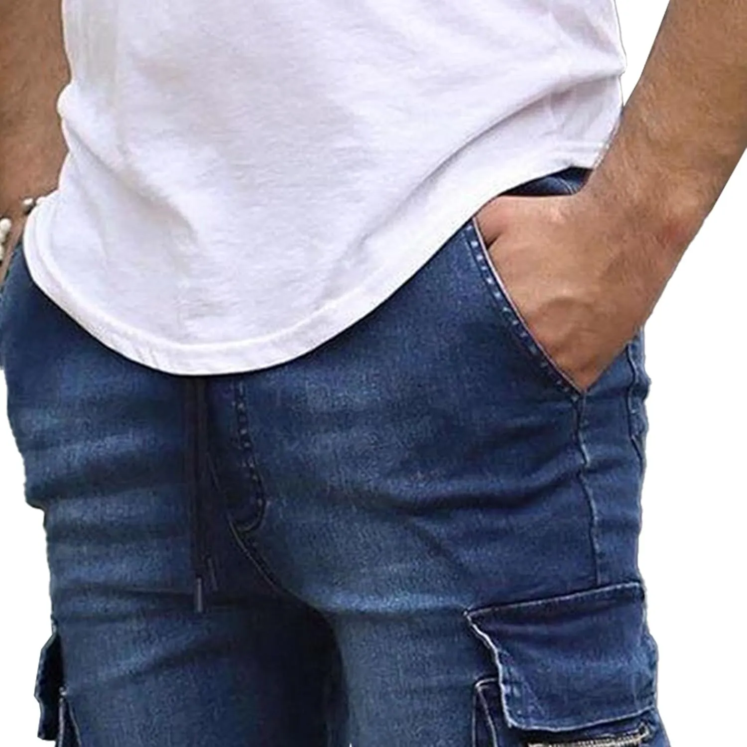 Men's Multi-Pocket Tapered Biker Jeans Distressed Slim Fit Denim Pants Hardwearing Comfor Cowboy Trousers