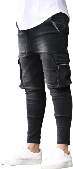 Men's Multi-Pocket Tapered Biker Jeans Distressed Slim Fit Denim Pants Hardwearing Comfor Cowboy Trousers