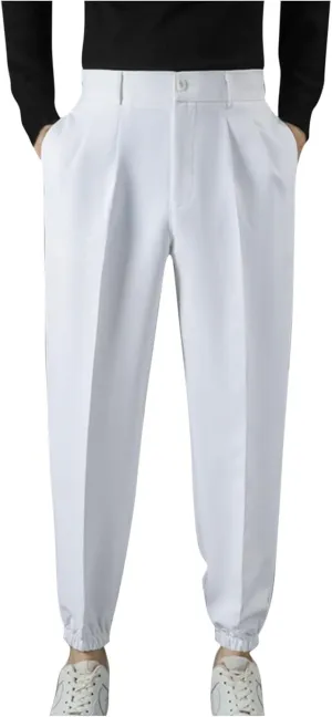 Mens Pants Casual Stylish Elastic Waist Flat Front Dress Suit Pant Loose Lightweight Cinch Bottom Trouser with Pocket