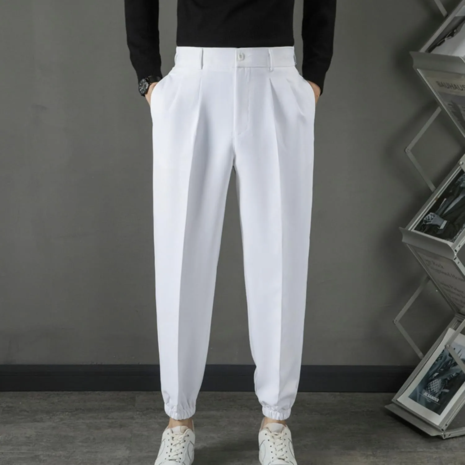 Mens Pants Casual Stylish Elastic Waist Flat Front Dress Suit Pant Loose Lightweight Cinch Bottom Trouser with Pocket