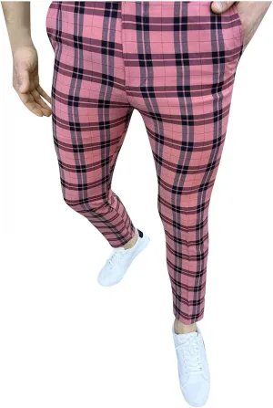 Men's Plaid Dress Pants Skinny Slim Fit Tapered Pants Stretch Chino Pants Checked Office Prom Trousers with Pockets