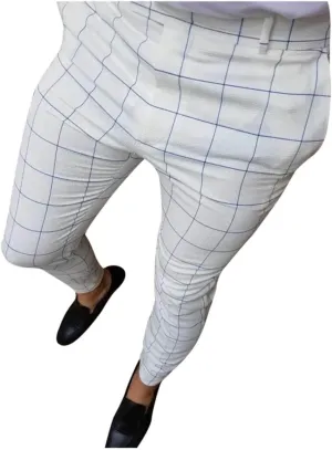 Men's Plaid Dress Pants Skinny Slim Fit Tapered Pants Stretch Chino Pants Checked Office Prom Trousers with Pockets