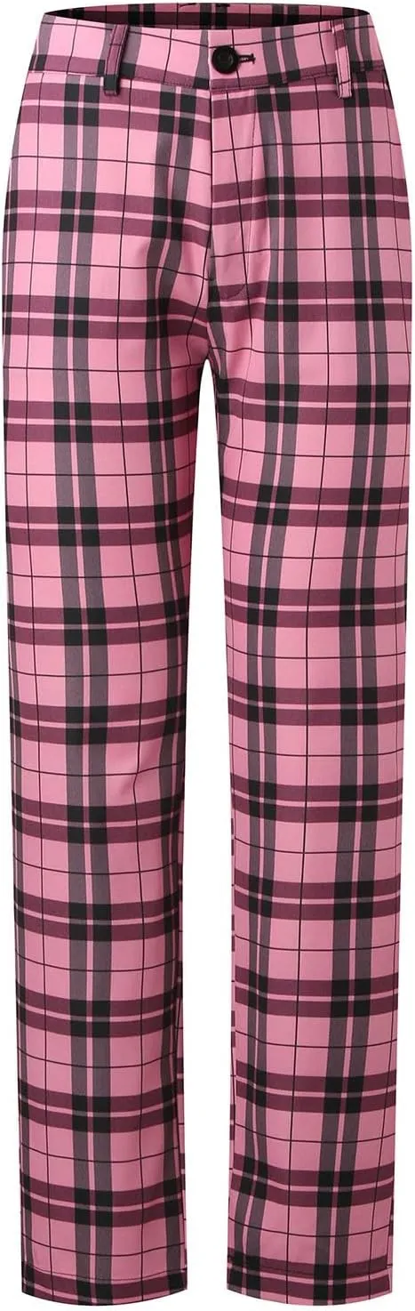 Men's Plaid Dress Pants Skinny Slim Fit Tapered Pants Stretch Chino Pants Checked Office Prom Trousers with Pockets