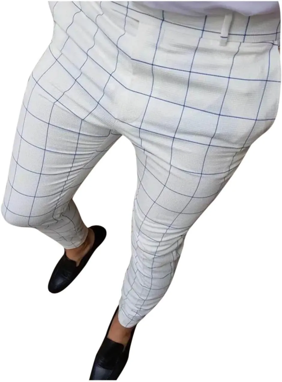 Men's Plaid Dress Pants Skinny Slim Fit Tapered Pants Stretch Chino Pants Checked Office Prom Trousers with Pockets