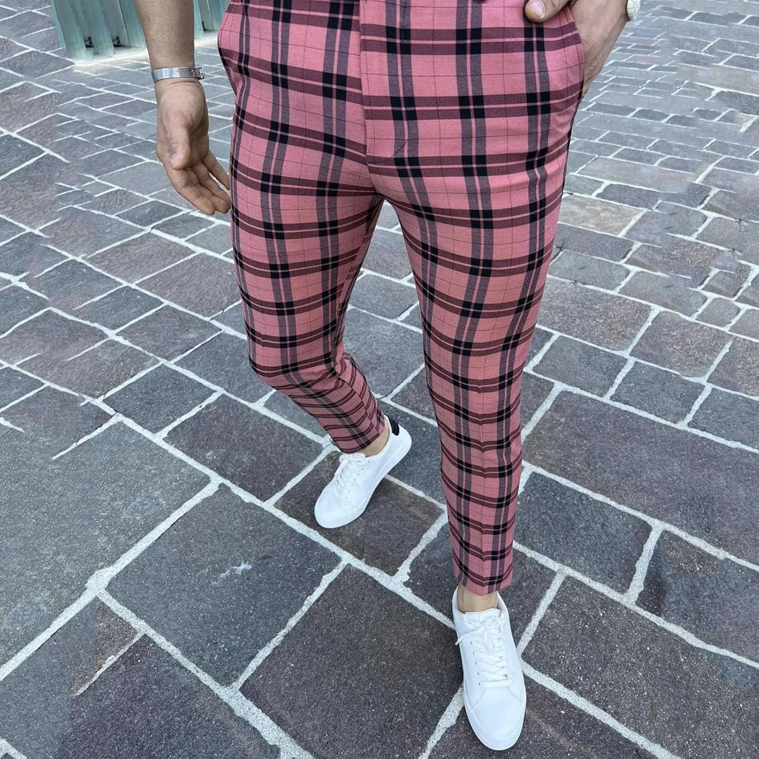 Men's Plaid Dress Pants Skinny Slim Fit Tapered Pants Stretch Chino Pants Checked Office Prom Trousers with Pockets