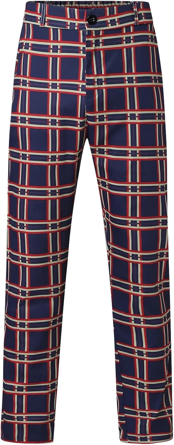 Men's Plaid Slim Fit Dress Pants Stretch Flat-Front Business Casual Pants Skinny Elastic Expandable-Waist Chinos Trousers Navy