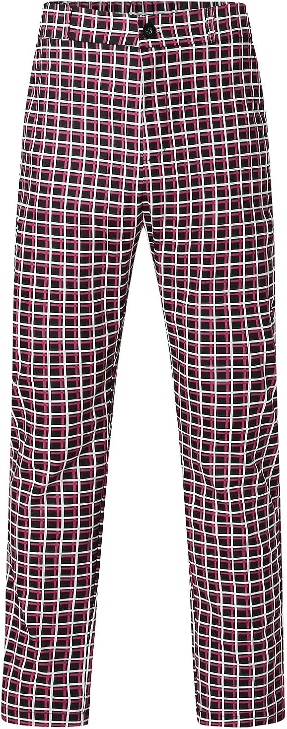 Men's Plaid Slim Fit Dress Pants Stretch Flat-Front Business Casual Pants Skinny Elastic Expandable-Waist Chinos Trousers Wine