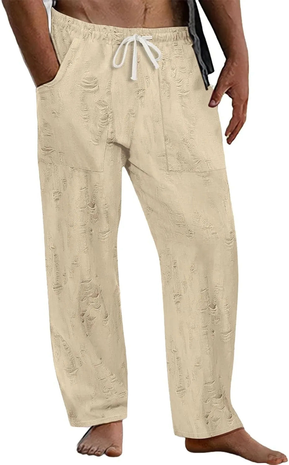 Men's Ripped Casual Pants Outdoor Trendy Distressed Pants Summer Loose Open Bottom Slacks Drawstring Waist Trousers