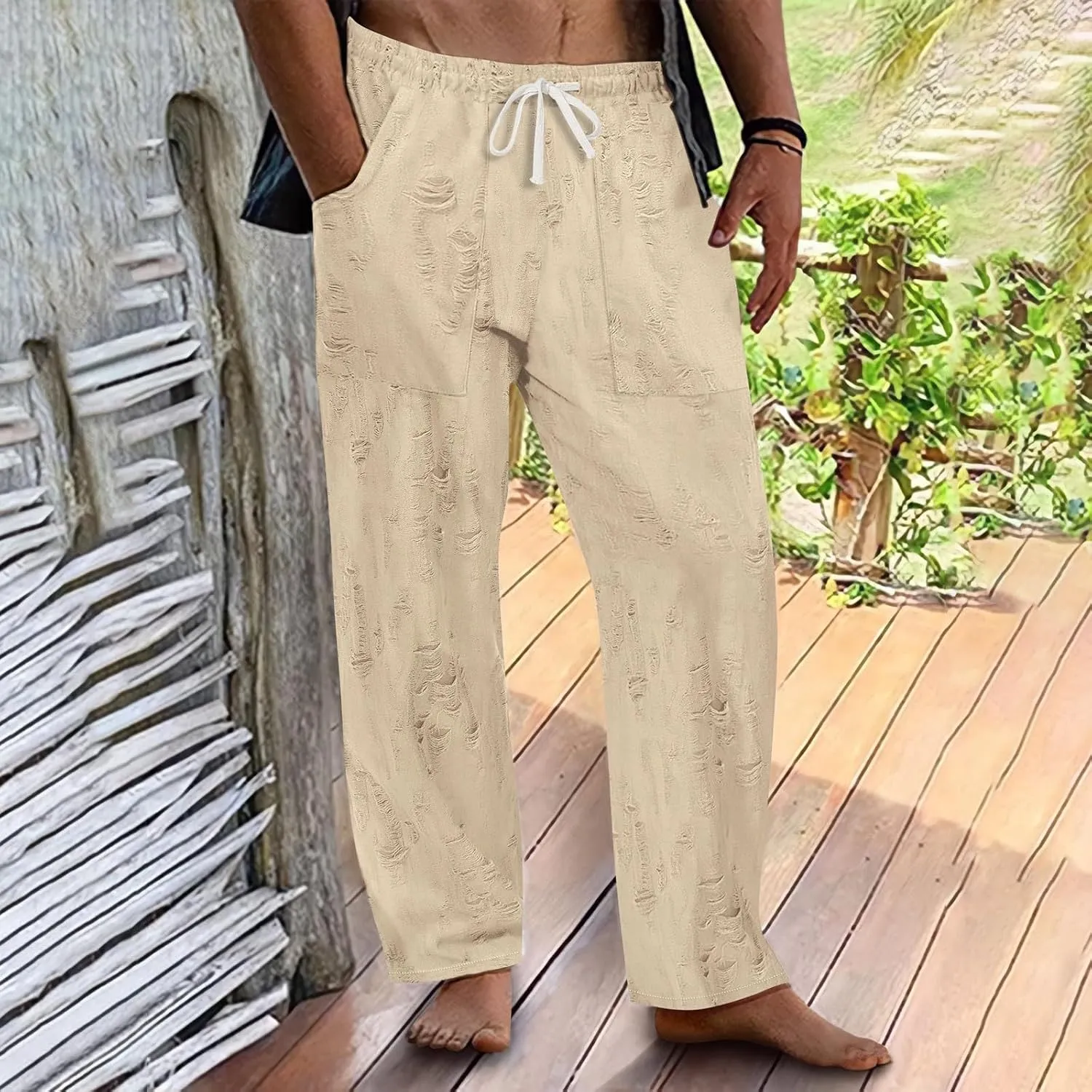 Men's Ripped Casual Pants Outdoor Trendy Distressed Pants Summer Loose Open Bottom Slacks Drawstring Waist Trousers