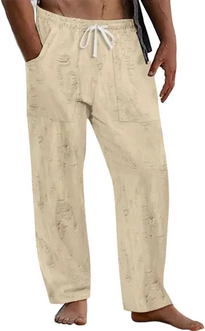 Men's Ripped Casual Pants Outdoor Trendy Distressed Pants Summer Loose Open Bottom Slacks Drawstring Waist Trousers