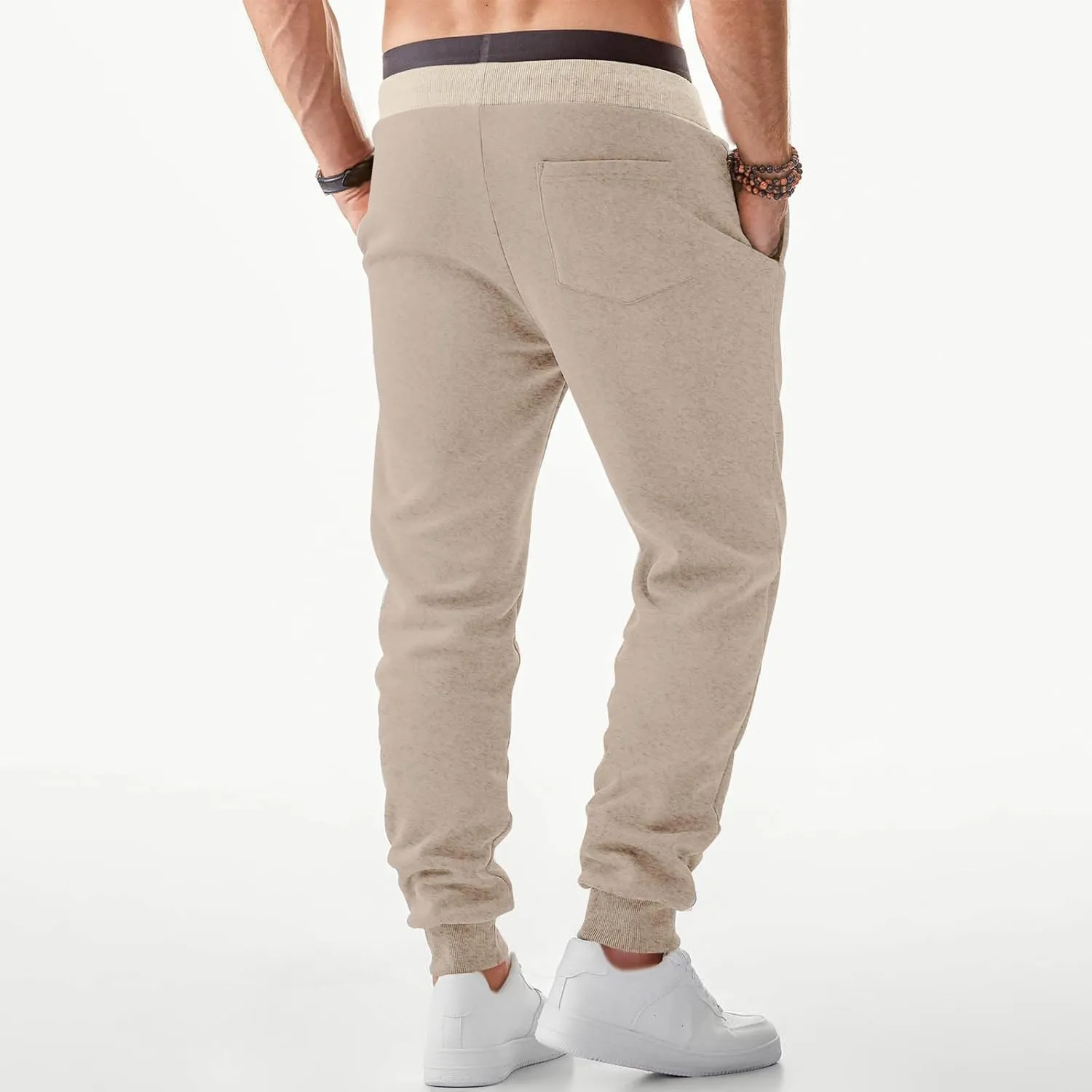 Mens Simple Pants Casual Trendy Elastic Waist Workout Trousers Tapered Heavyweight Work Drawstring Pants with Pockets