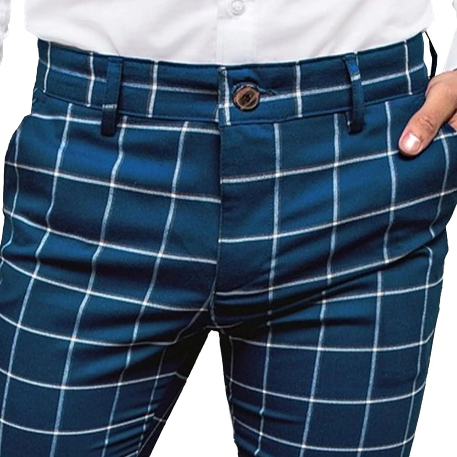 Men's Slim Fit Plaid Pencil Pants Chinos Flat Front Tapered Trousers Casual Business Sports Dress Pants