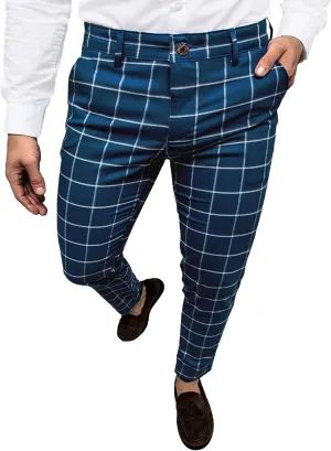 Men's Slim Fit Plaid Pencil Pants Chinos Flat Front Tapered Trousers Casual Business Sports Dress Pants