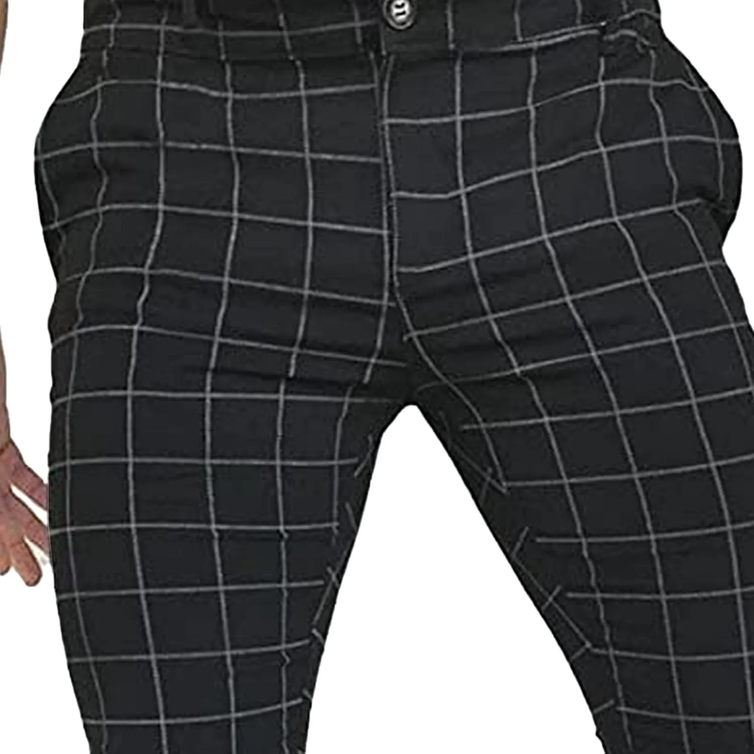 Men's Slim Fit Plaid Pencil Pants Chinos Flat Front Tapered Trousers Casual Business Sports Dress Pants