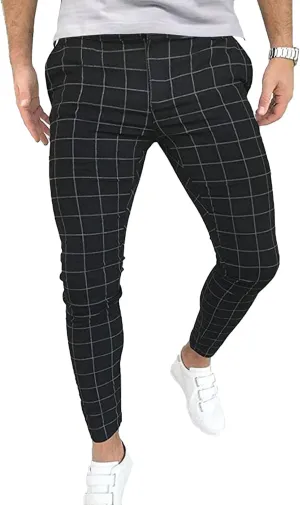 Men's Slim Fit Plaid Pencil Pants Chinos Flat Front Tapered Trousers Casual Business Sports Dress Pants