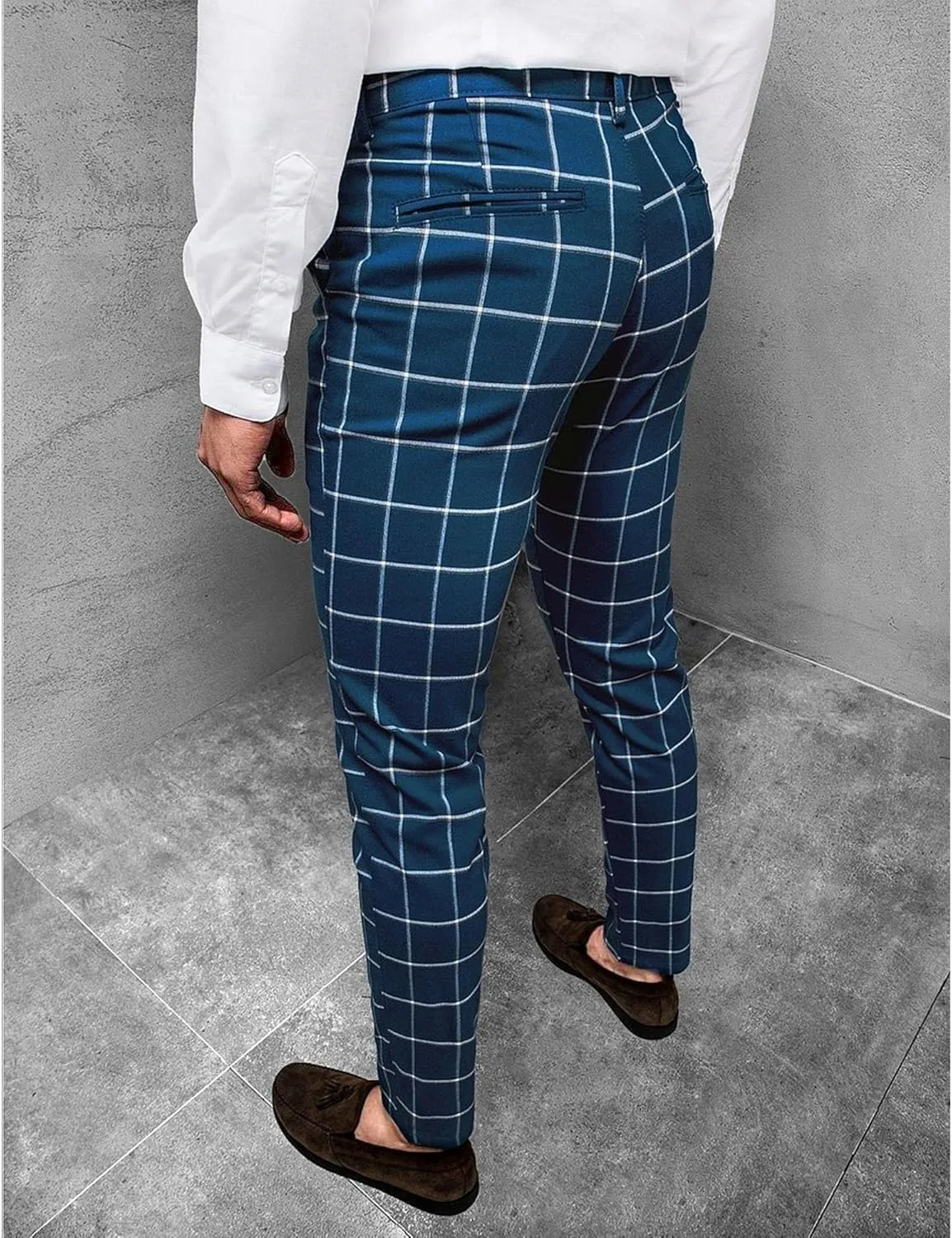 Men's Slim Fit Plaid Pencil Pants Chinos Flat Front Tapered Trousers Casual Business Sports Dress Pants