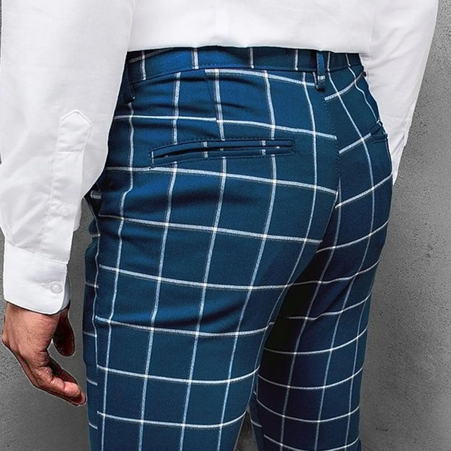 Men's Slim Fit Plaid Pencil Pants Chinos Flat Front Tapered Trousers Casual Business Sports Dress Pants