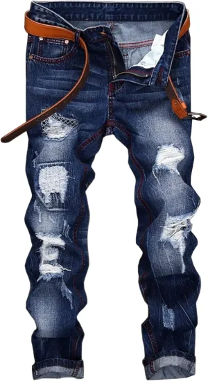 Men's Slim Fit Stretch Stitching Jeans Patch Ripped Denim Trousers Comfort Flex Waist Cowboy Pants (Blue,34)