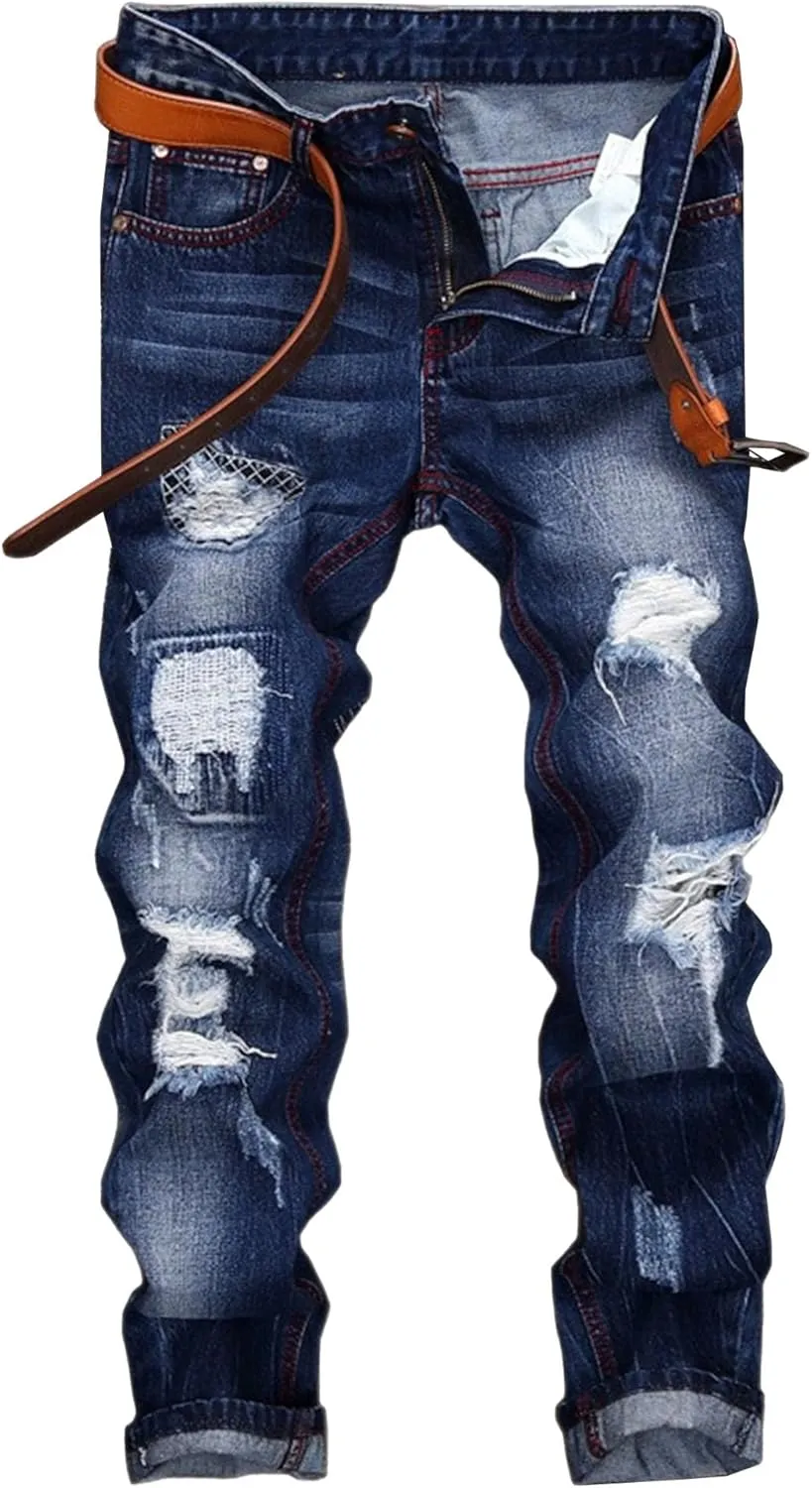 Men's Slim Fit Stretch Stitching Jeans Patch Ripped Denim Trousers Comfort Flex Waist Cowboy Pants