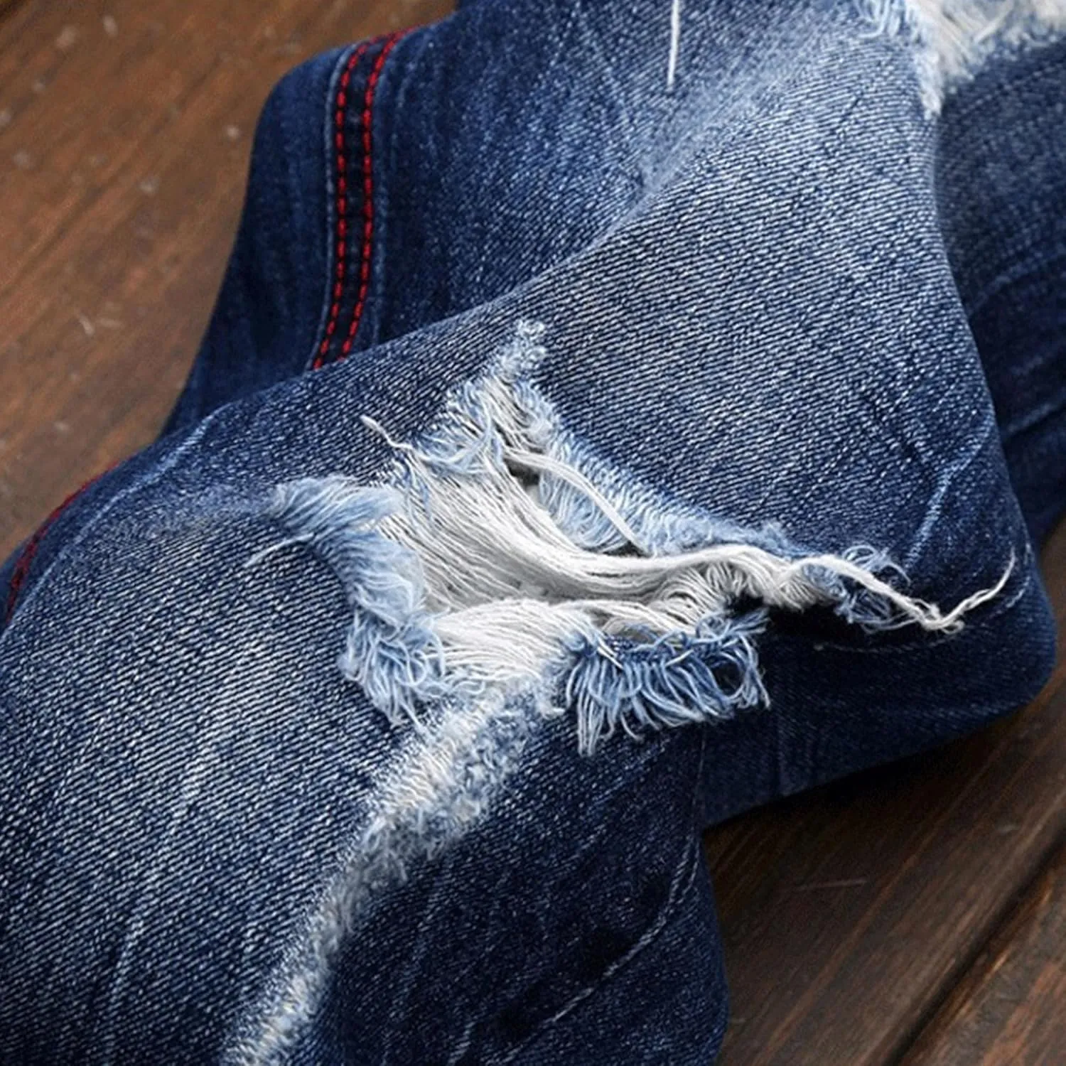 Men's Slim Fit Stretch Stitching Jeans Patch Ripped Denim Trousers Comfort Flex Waist Cowboy Pants