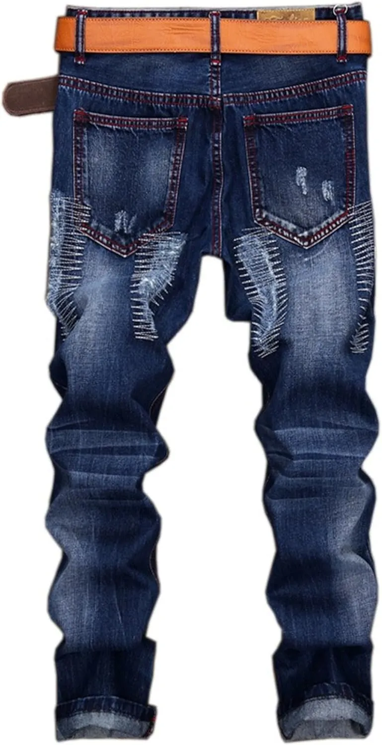 Men's Slim Fit Stretch Stitching Jeans Patch Ripped Denim Trousers Comfort Flex Waist Cowboy Pants
