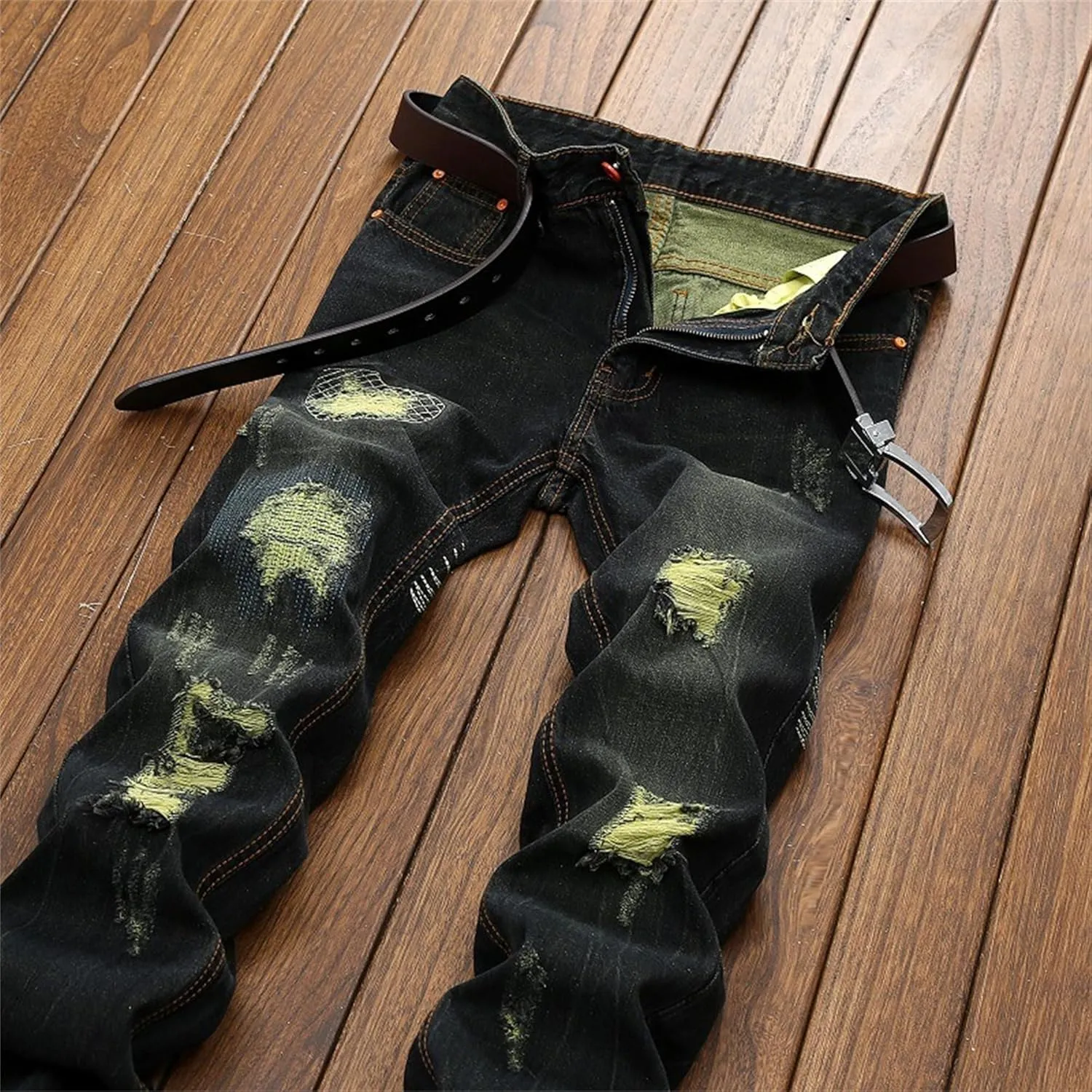 Men's Slim Fit Stretch Stitching Jeans Patch Ripped Denim Trousers Comfort Flex Waist Cowboy Pants