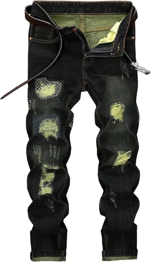 Men's Slim Fit Stretch Stitching Jeans Patch Ripped Denim Trousers Comfort Flex Waist Cowboy Pants