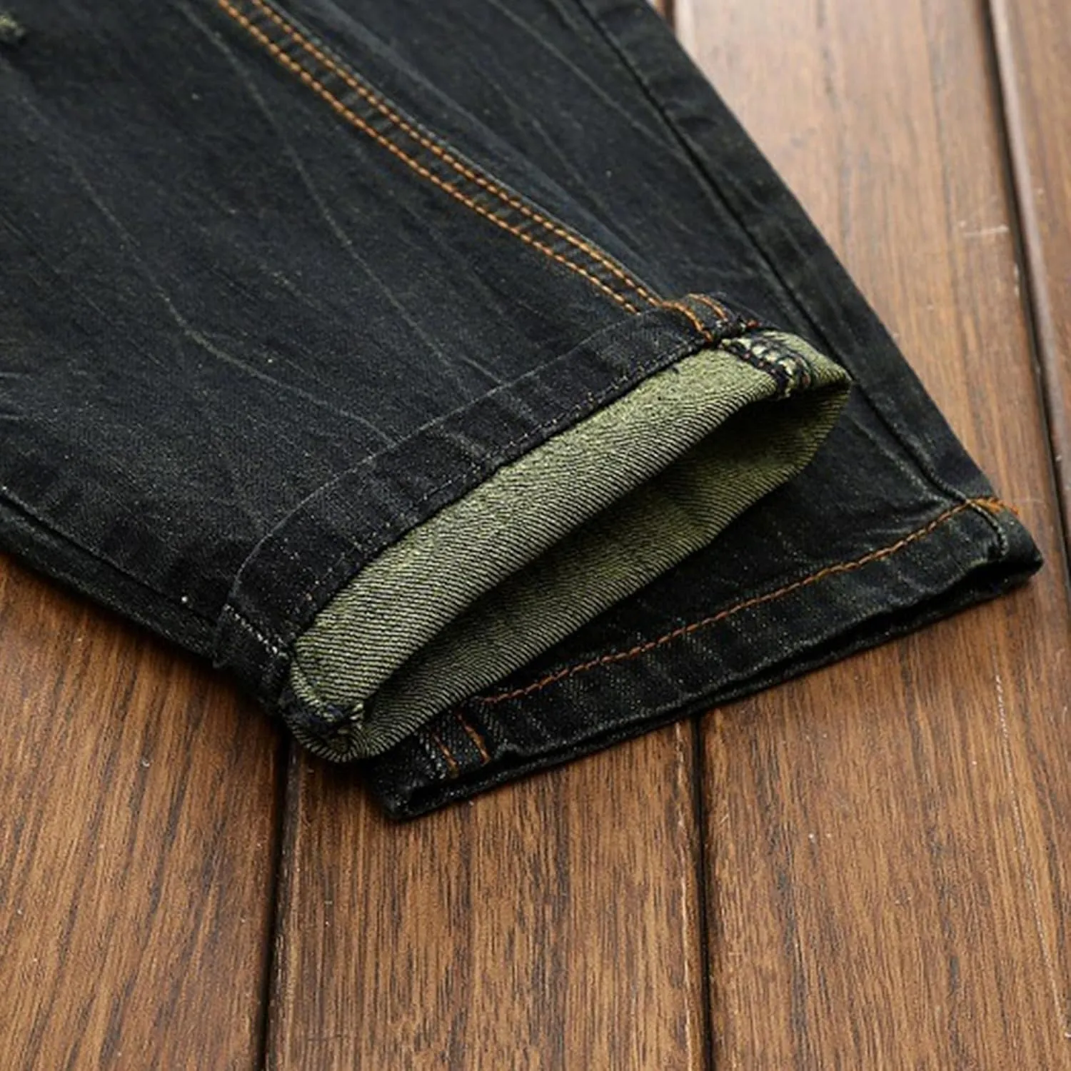 Men's Slim Fit Stretch Stitching Jeans Patch Ripped Denim Trousers Comfort Flex Waist Cowboy Pants