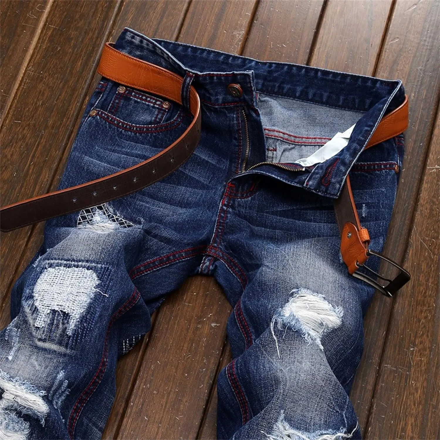 Men's Slim Fit Stretch Stitching Jeans Patch Ripped Denim Trousers Comfort Flex Waist Cowboy Pants