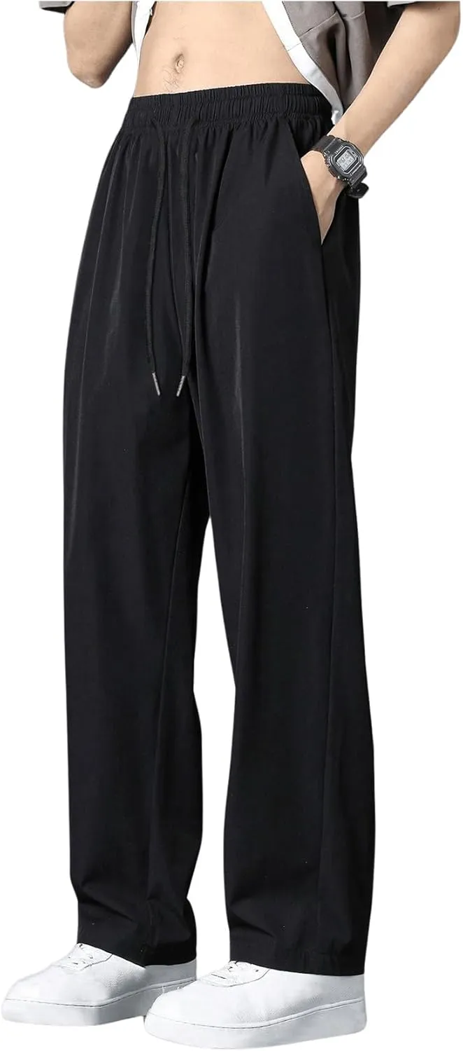 Men's Straight Leg Track Pants Drawstring Waist Loose Casual Suit Pants Trousers with Pockets