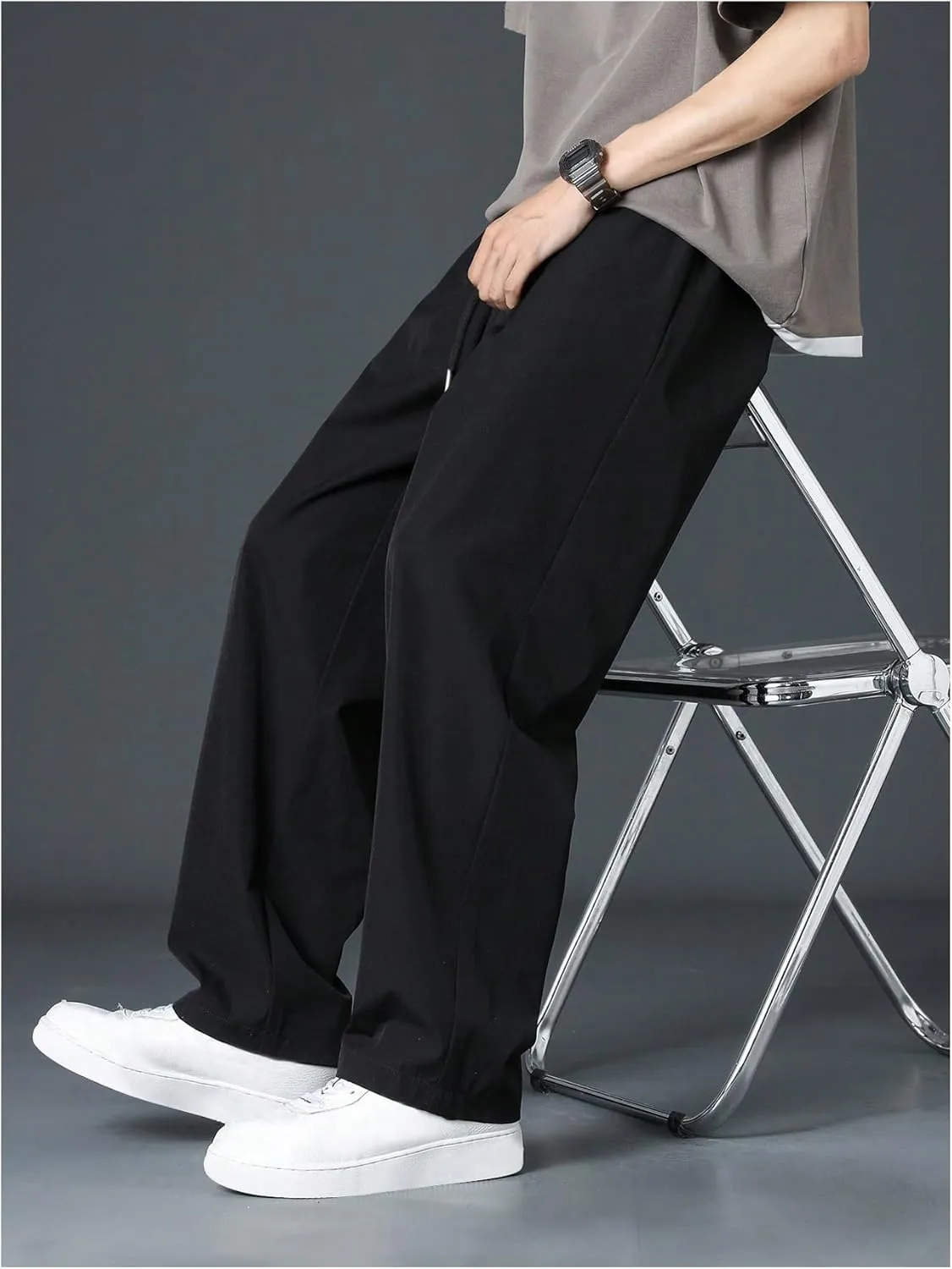 Men's Straight Leg Track Pants Drawstring Waist Loose Casual Suit Pants Trousers with Pockets