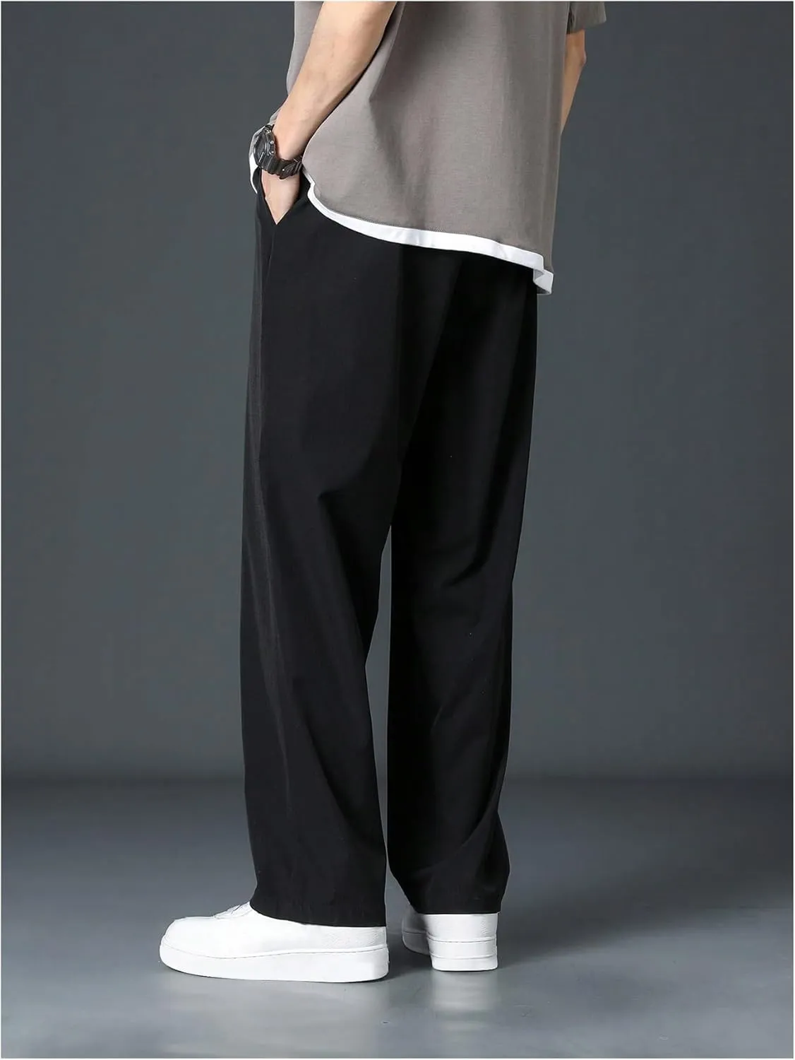 Men's Straight Leg Track Pants Drawstring Waist Loose Casual Suit Pants Trousers with Pockets