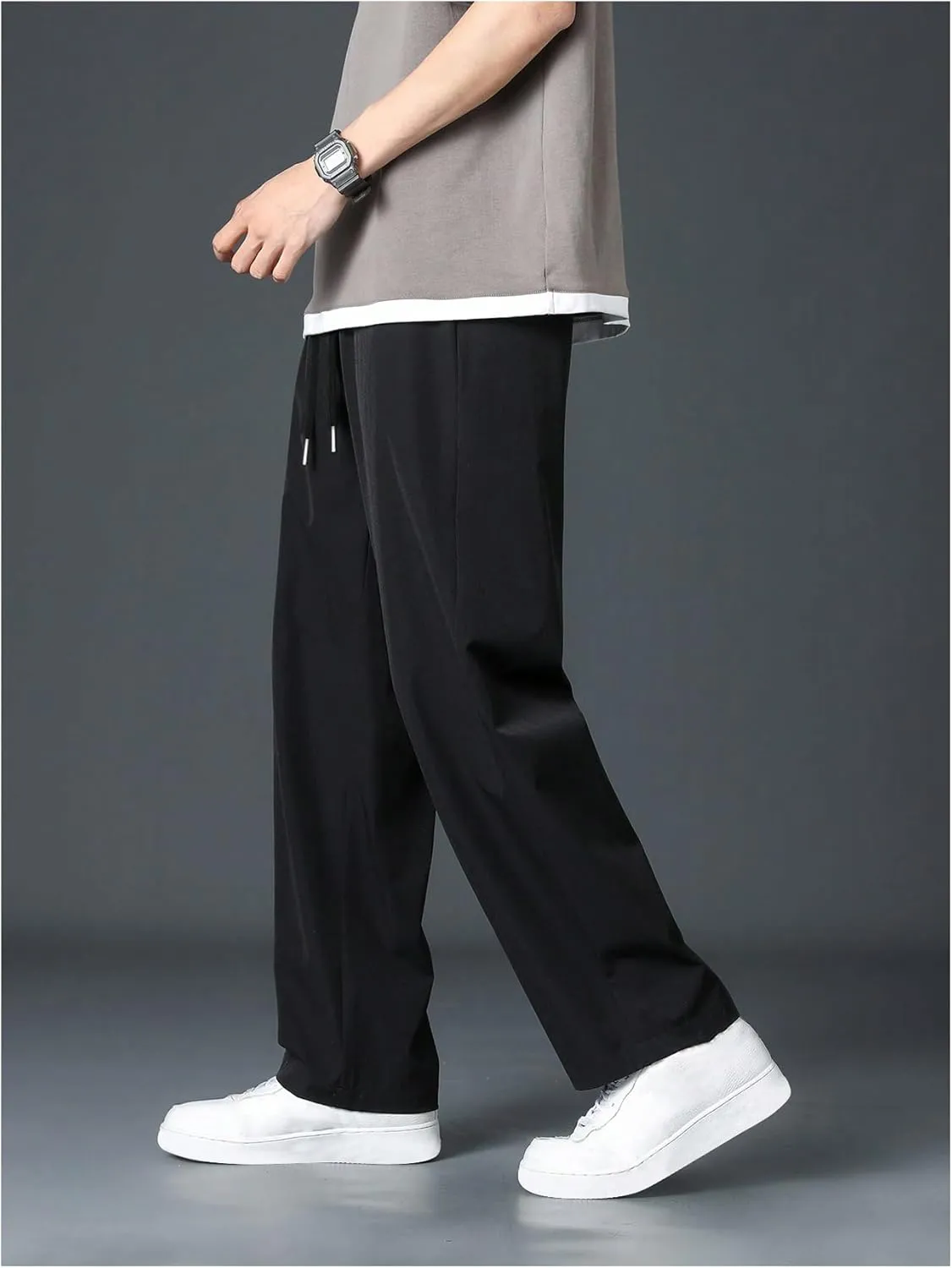 Men's Straight Leg Track Pants Drawstring Waist Loose Casual Suit Pants Trousers with Pockets