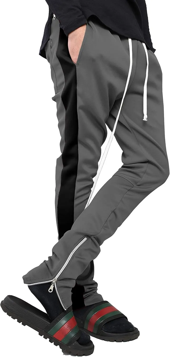Mens Stripe Track Pants Skinny Fit Stretch Trouser Elastic Jogger Gym Workout