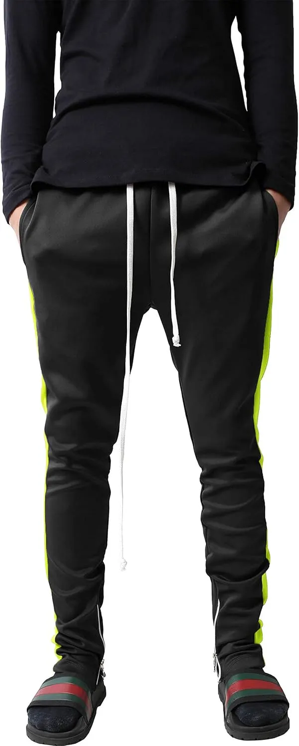Mens Stripe Track Pants Skinny Fit Stretch Trouser Elastic Jogger Gym Workout