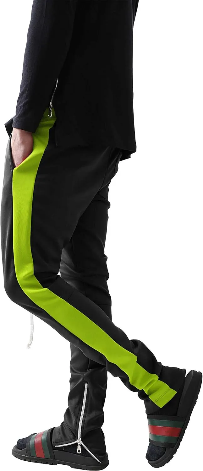 Mens Stripe Track Pants Skinny Fit Stretch Trouser Elastic Jogger Gym Workout