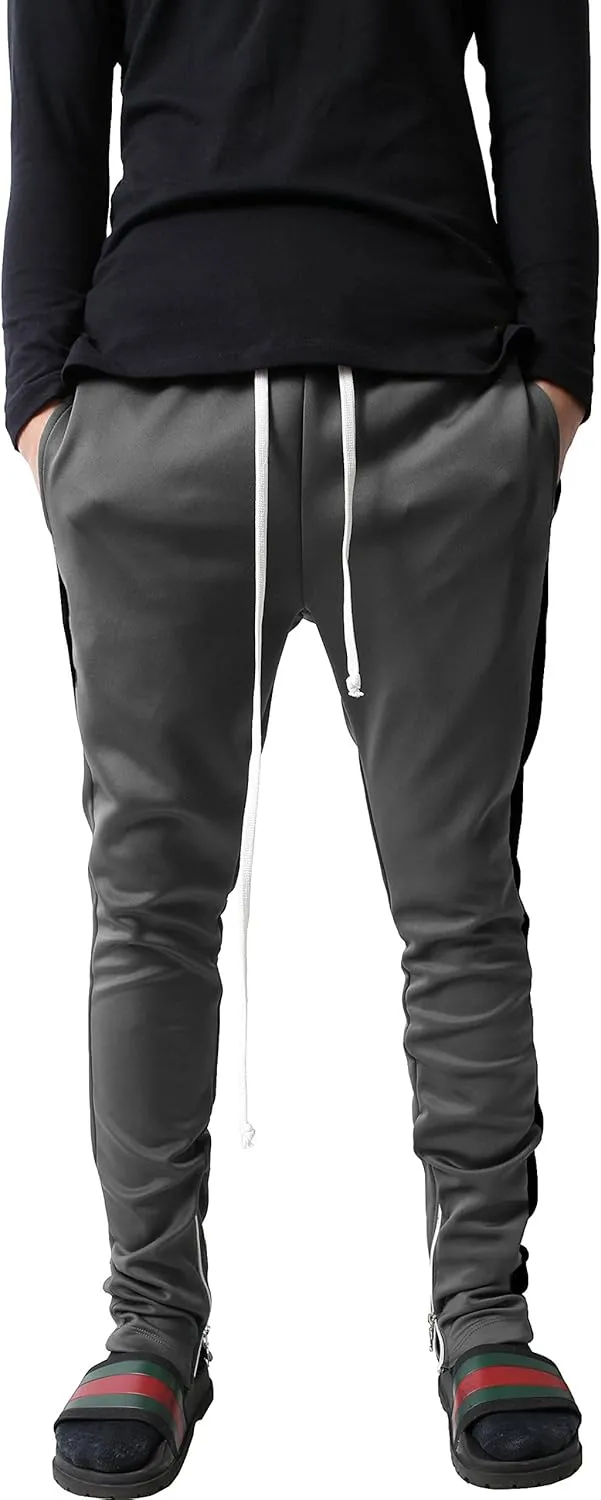 Mens Stripe Track Pants Skinny Fit Stretch Trouser Elastic Jogger Gym Workout