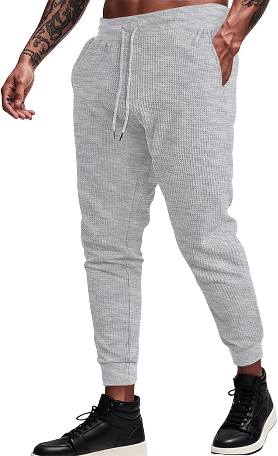 Men's Waffle Pants Slim Fit Drawstring Pant Casual Tapered Jogger with Pockets Summer Gym Sweatpants for Men