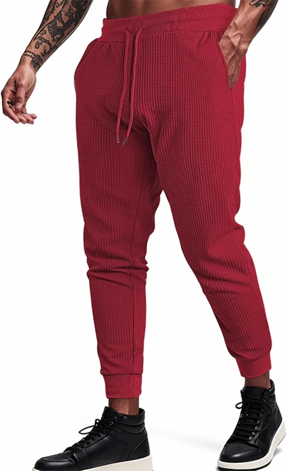 Men's Waffle Pants Slim Fit Drawstring Pant Casual Tapered Jogger with Pockets Summer Gym Sweatpants for Men