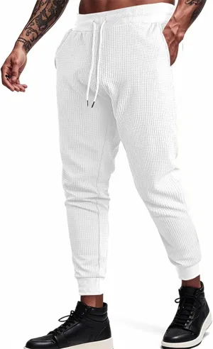 Men's Waffle Pants Slim Fit Drawstring Pant Casual Tapered Jogger with Pockets Summer Gym Sweatpants for Men