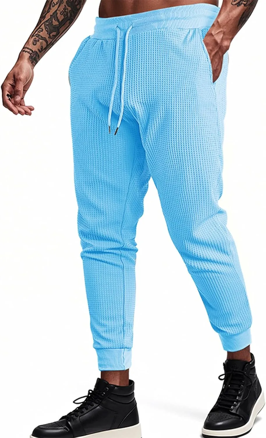Men's Waffle Pants Slim Fit Drawstring Pant Casual Tapered Jogger with Pockets Summer Gym Sweatpants for Men