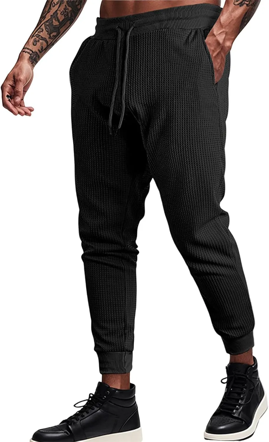 Men's Waffle Pants Slim Fit Drawstring Pant Casual Tapered Jogger with Pockets Summer Gym Sweatpants for Men