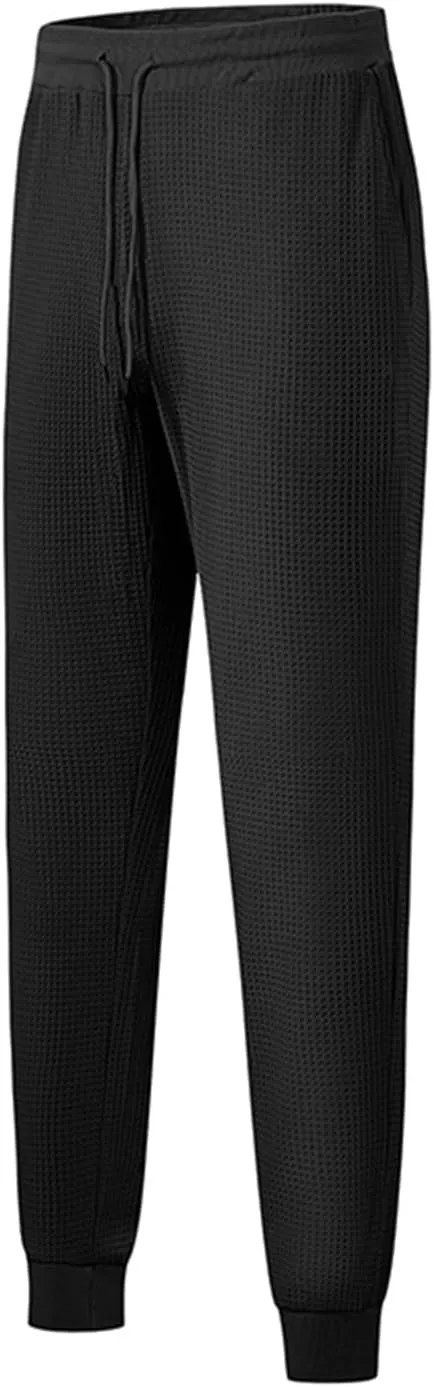 Men's Waffle Pants Slim Fit Drawstring Pant Casual Tapered Jogger with Pockets Summer Gym Sweatpants for Men