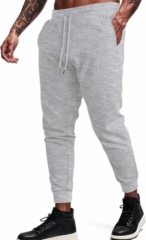 Men's Waffle Pants Slim Fit Drawstring Pant Casual Tapered Jogger with Pockets Summer Gym Sweatpants for Men