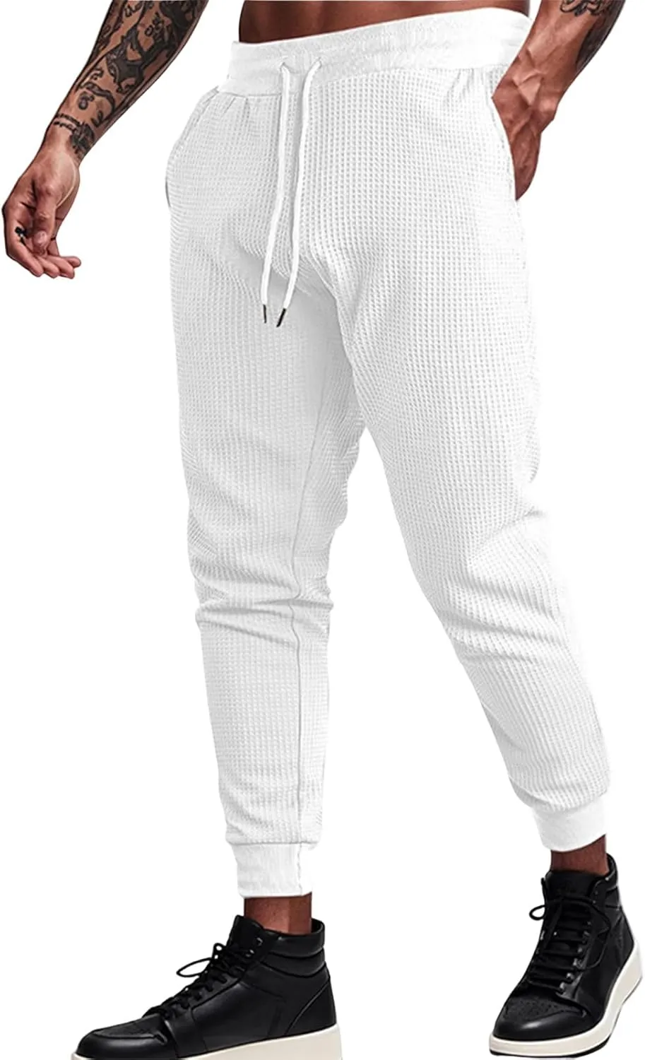 Men's Waffle Pants Slim Fit Drawstring Pant Casual Tapered Jogger with Pockets Summer Gym Sweatpants for Men