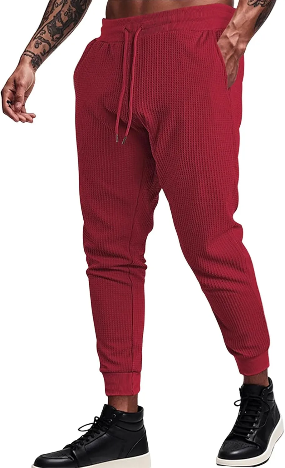 Men's Waffle Pants Slim Fit Drawstring Pant Casual Tapered Jogger with Pockets Summer Gym Sweatpants for Men